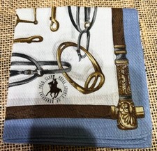 MAN HANKY GOLD BLUE ART HORSESHOES RIDING TOOLS VINTAGE COTTON POCKET SQUARE 18"