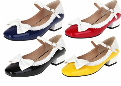 Damen Mary Jane Blockabsatz Pumps Lack mit Riemchen Schleife Rockabilly Schuhe