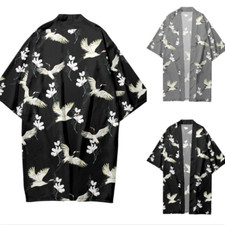 Hommes Crane Long Kimono Manteau Extérieur Japonais Gilet Yukata Peignoir Haut