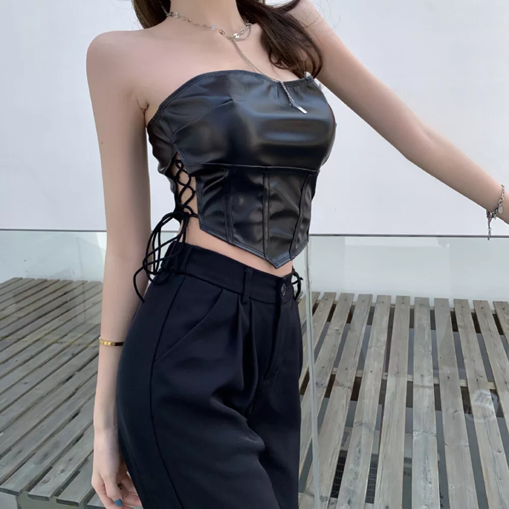 Womens Faux Leather Boob Tube Bandeau Side Lace Up Tops Bustier