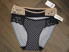 2-PACK SOMA VANISHING EDGE W/ LACE BIKINI PANTIES IN BLACK DOT  BLACK/ TAN XS
