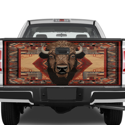 Pattern Native America Bison Tailgate Wrap, Tribal Bison Design Tailgate Decal