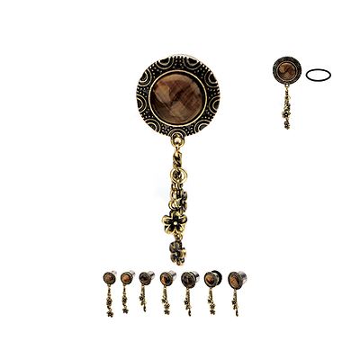 PAIR-Tiger Eye w/Flower Dangle Steel Single Flare Ear Plugs 11mm/7/16'' Gauge 
