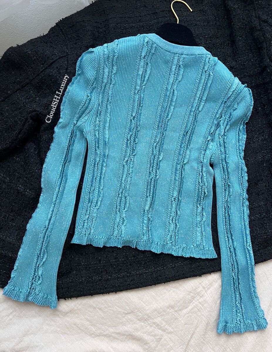 Auth Chanel 23P Pearl CC Viscose Blue Cardigan P74585 - Size Auth Chanel 23P Pearl CC Viscose Blue Cardigan P74585 - Size
