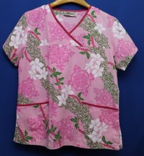 Two Paddles Women's Pink Short Sleeve Floral Hawaiian V Neck Scrub Top Medium