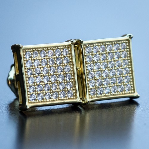 Men's Hip Hop Stud Earrings - 14k Gold Plated XL Square With CZ Stones & Screw Backs 10 thumbnail image