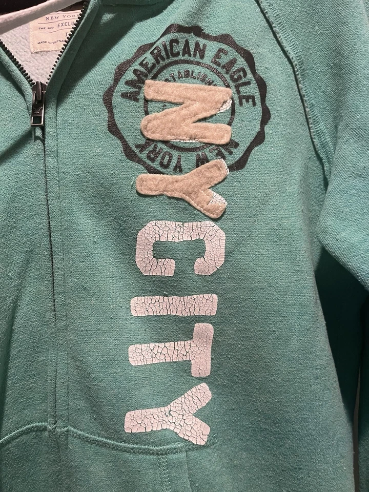 American Eagle NYC Hoodie Size Large Teal Green Zip Up Sweatshirt Sherpa-Lined - Image 3 of 4