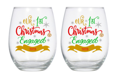 Our First Christmas Engaged Wine Glasses, Christmas Gift, Engagement Gift