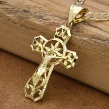 Mens 18k Gold Plated Brass Jesus  Curve  Cross  Pendant 6mm 24" Cuban  Chain
