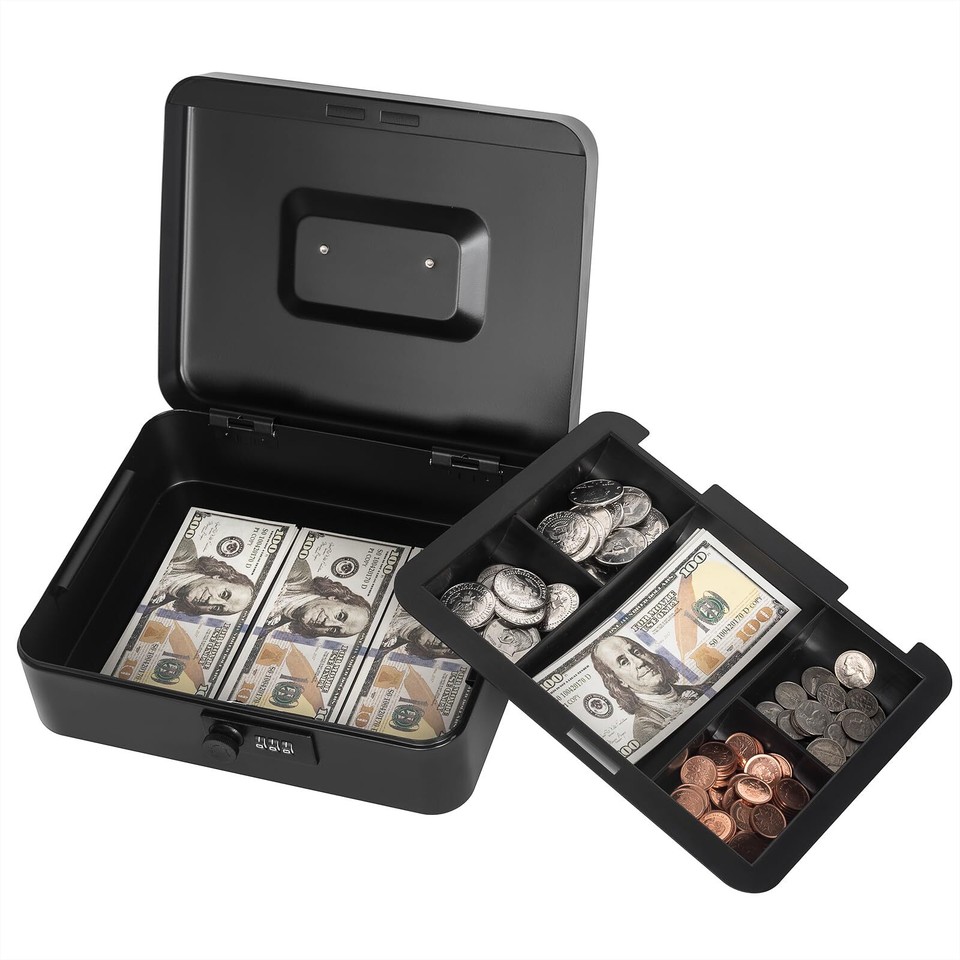 Cash Box with Money Tray and Combination Lock, Metal Money Box for Cash