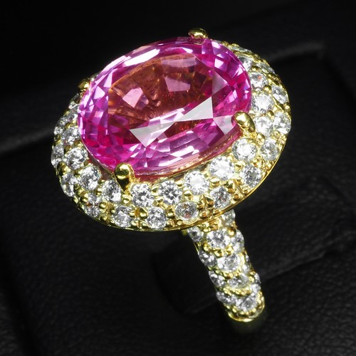 Vibrant Rose Pink Sapphire 5.12Ct 925 Sterling Silver 24K Gold Plated Halo Rings - Picture 4 of 8