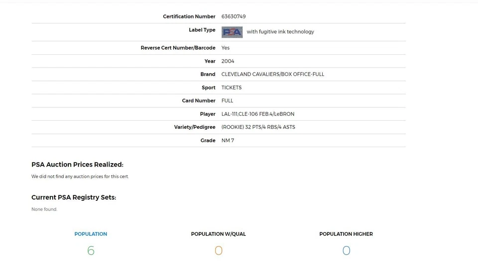 ЛЕБРОН ДЖЕЙМС 2003-2004 ДЕБЮТАНТ год билет 32 балла PSA 7 -- POP 6 не выше - Изображение 4 из 4