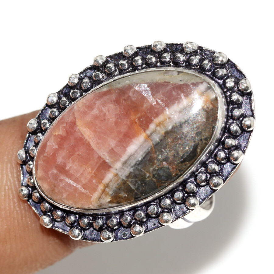 Pyrite In Rhodochrosite 925 Silver Plated Ring US 7.5 Women Gifts JW