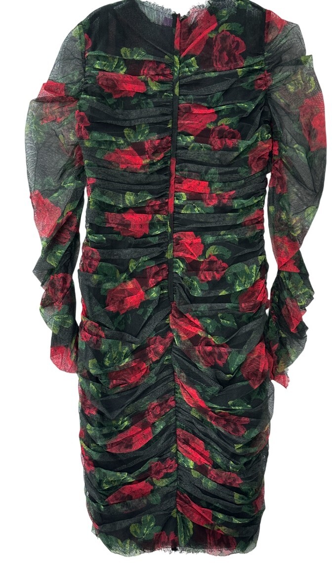 DOLCE & GABBANA Rose Print Tulle Ruched Dress 40-42 Black