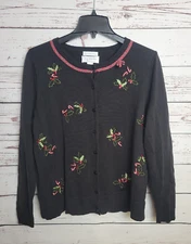 CJ Banks Mistletoe Black Christmas Embroidered Knit Cardigan Sweater Size X