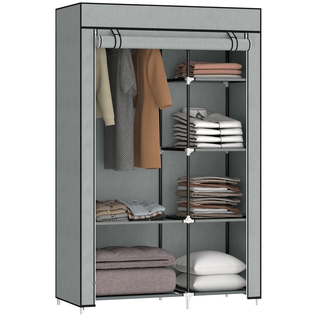 HOMCOM Fabric Wardrobe w/ Shelves Hanging Rail Foldable Wardrobe Light Grey - Image 2
