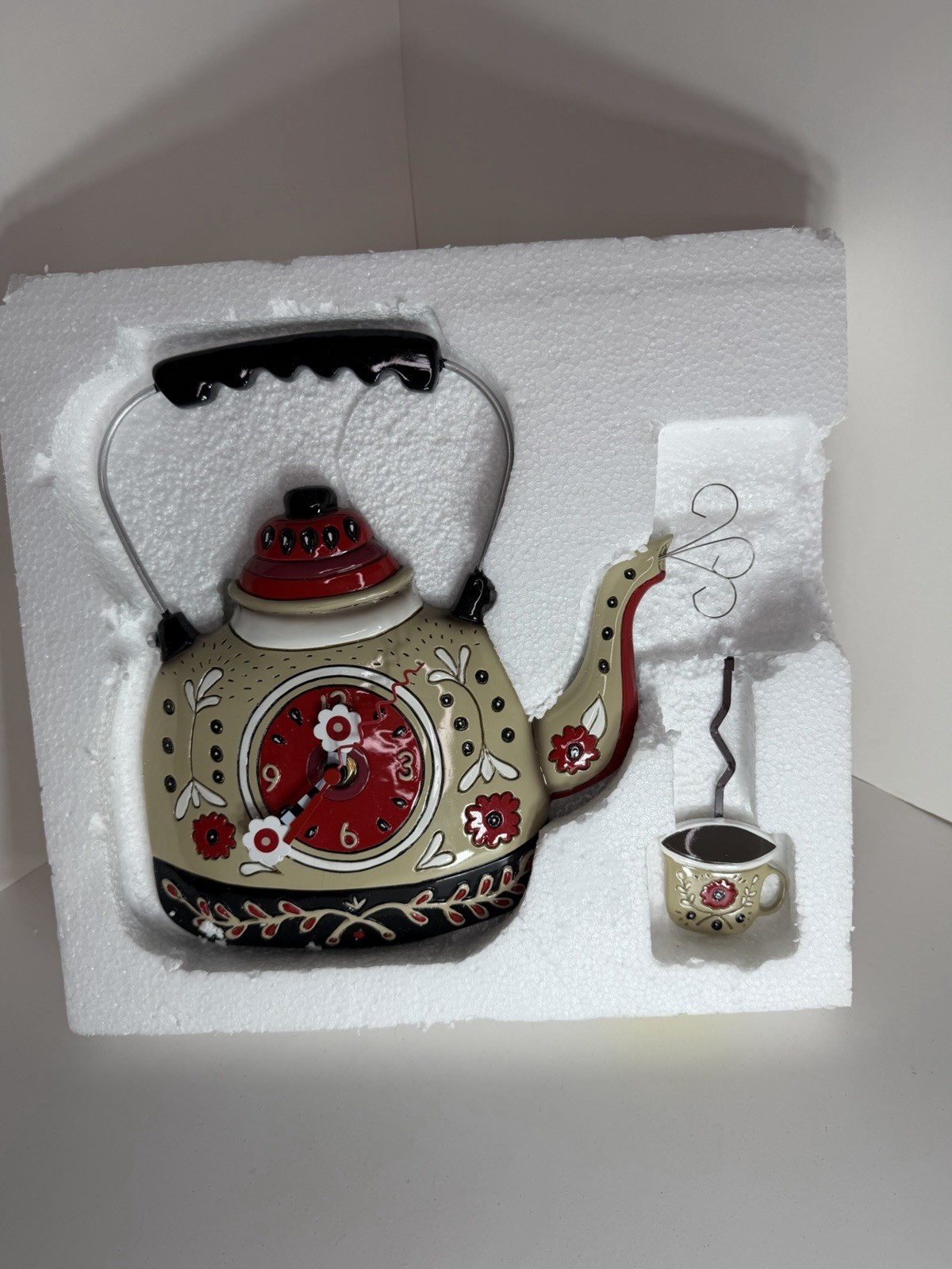 Allen Designs Kettle with Cup of Tea Pendulum Wall Clock Floral P1706 New