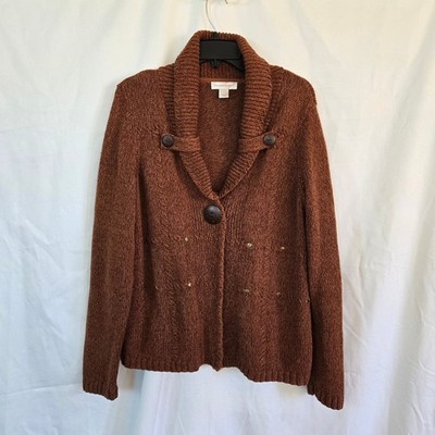 Christopher & Banks Women Brown Fall One Button Closure Knit Cardigan L Academia