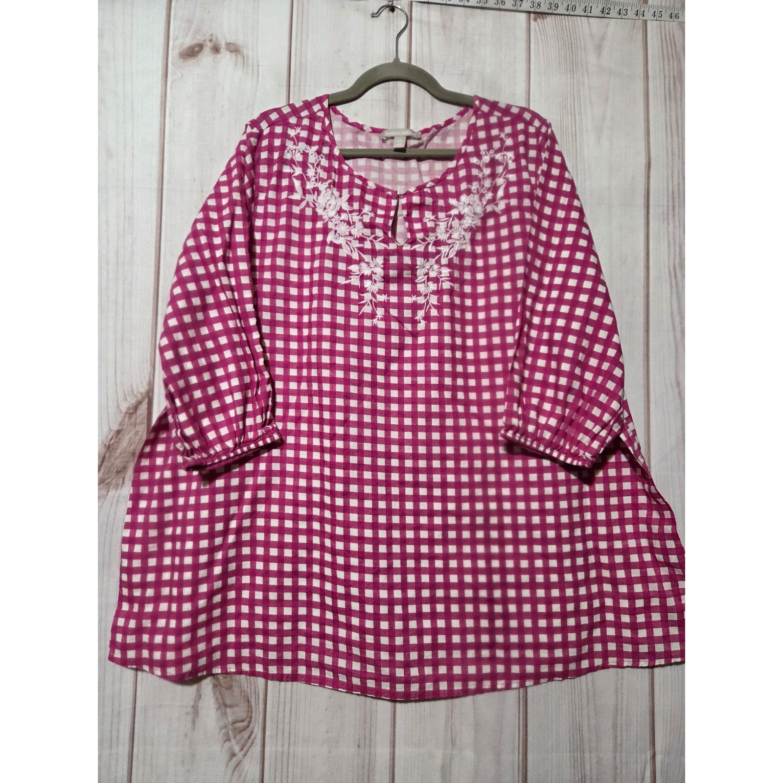 Woman Within Pink Gingham Embroidered Cotton Tunic Top Plus Size 22/24 1X