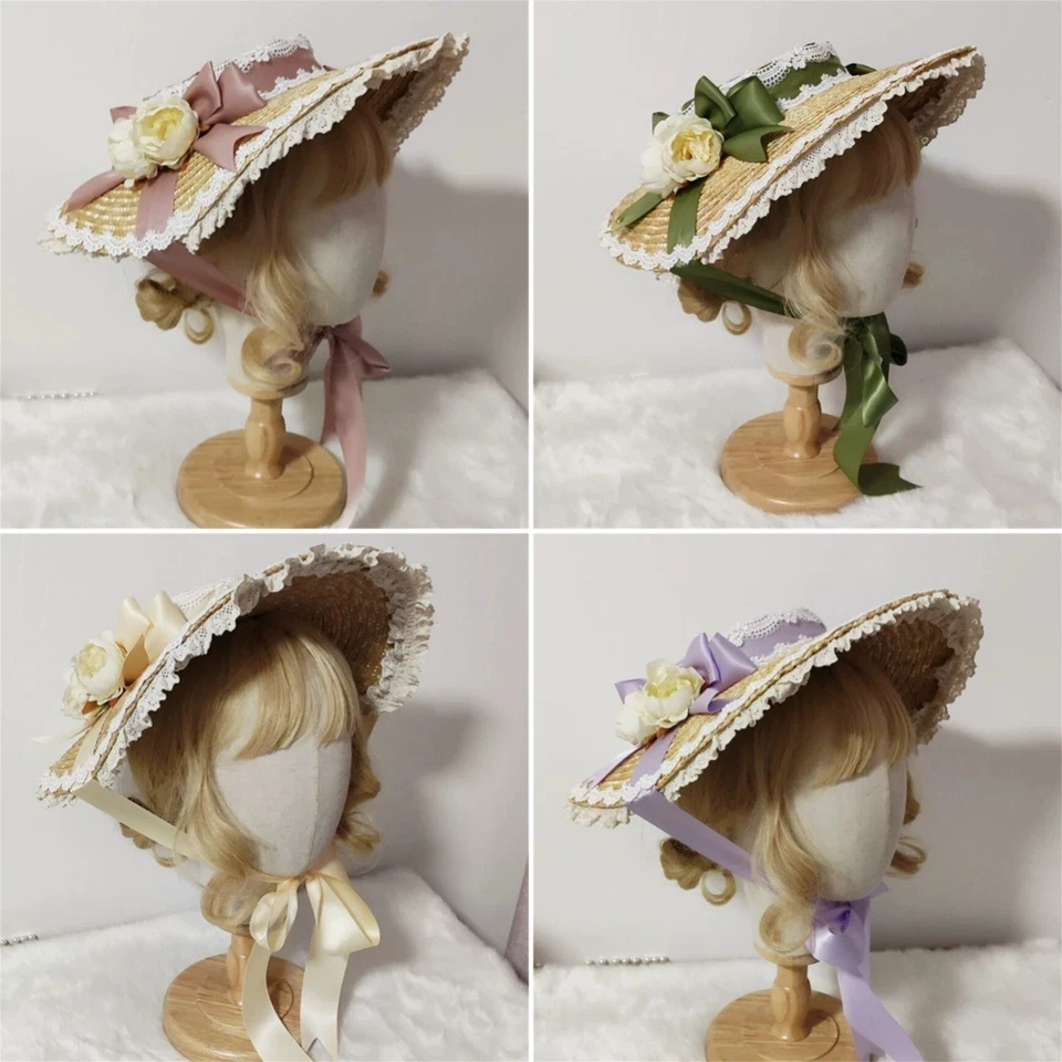 Woman Victorian Floral Straw Hat Tea Party Vintage Classic Lolita Straw Boater - Image 3 of 4
