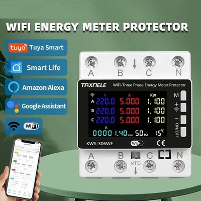 Tuya WiFi Power Energy Meter 80A 3 Phase DIN Rail Voltage Protector kWh Monitor