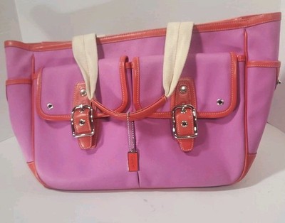 Coach Cargo Pocket Tote Pink Canvas Leather Trim Zip Top Magnetic Closures