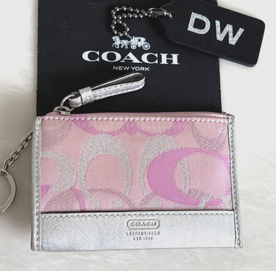 COACH PINK / SILVER SIGNATURE LUREX SMALL CARD CASE ZIP COIN PURSE