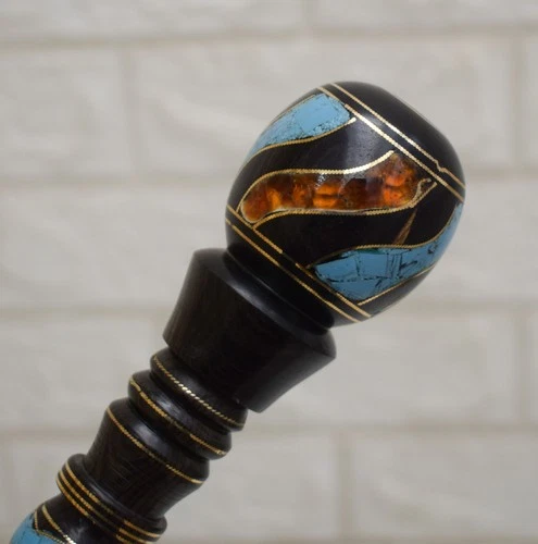 Handmade Ebony Wood Walking Cane: Turquoise and Amber Inlay Round Handle Stick