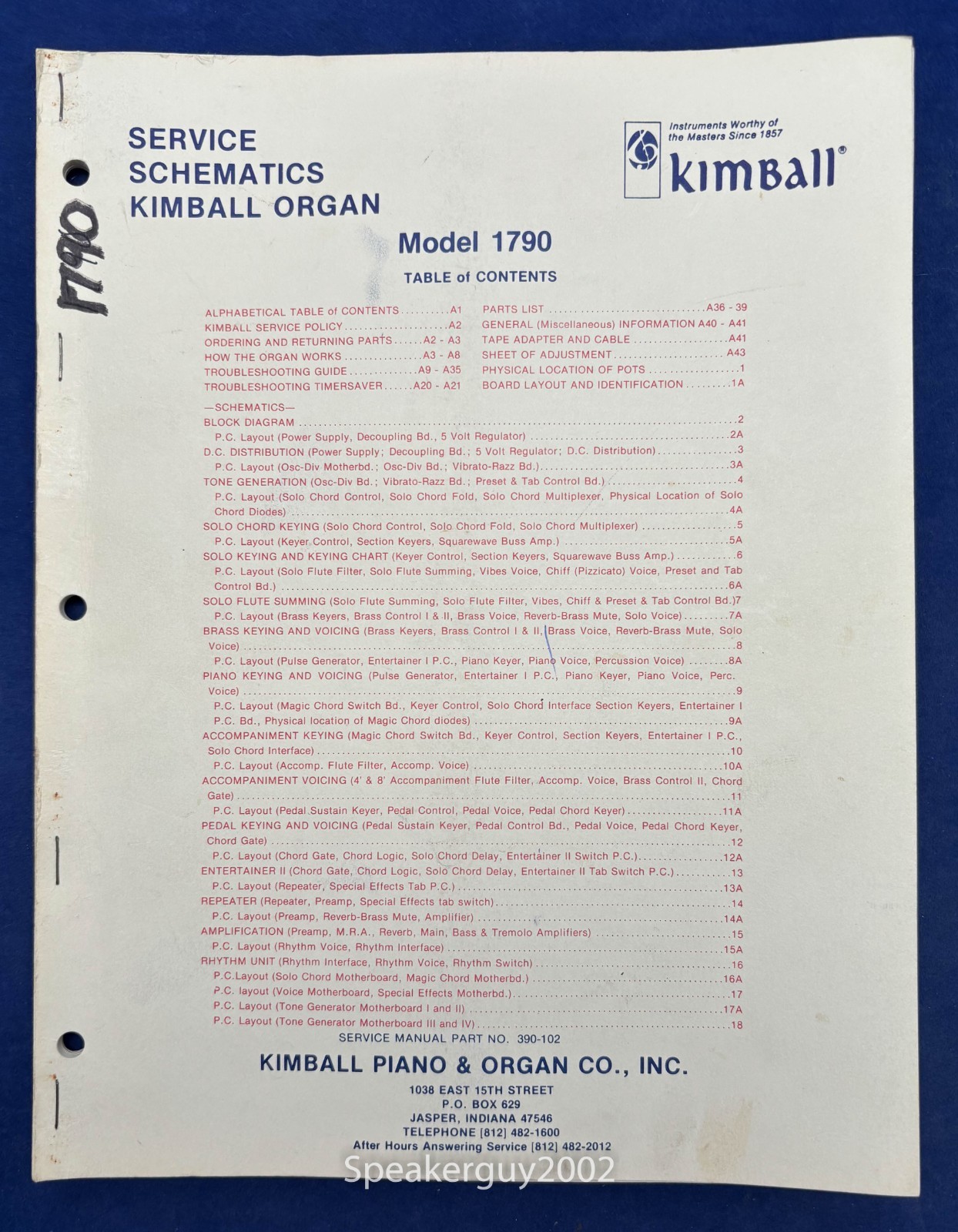 Original Kimball Organ 1790 Schematic Manual