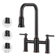 Bridge Faucet for Kitchen Sink Bronze: 3 Hole Solid Brass Farmhouse Kitchen F...