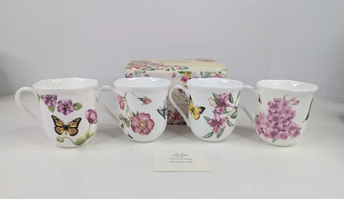 Set Of 4 Lenox Butterfly Meadow Tea Cups Coffee Mugs Scalloped Edge New in Box