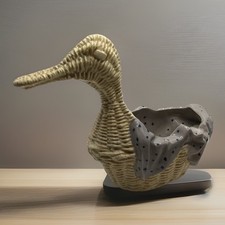 Vintage Duck Planter Pot Ceramic Yellow Gray Basket Weave Bird Signed 1989