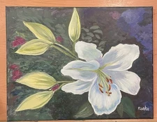 Original Oil Painting on board ,"White lilies", Signed