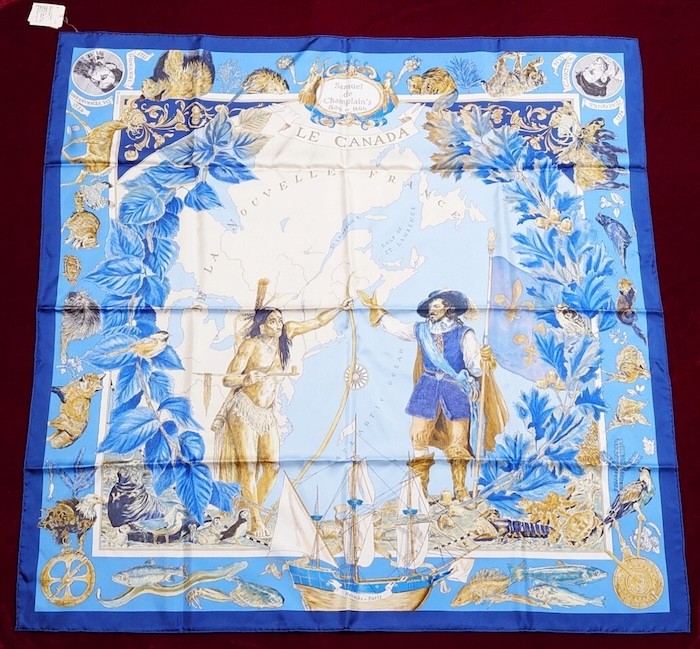 Hermes Scarf Stole Le Canada Navy Blue Kermit Oliver Silk Bandana