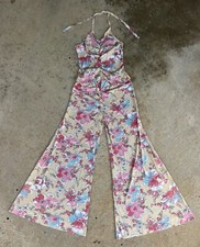 Vintage 1970s Two Piece Set All Over Print Bell Bottoms And Crop Top Size XS/S