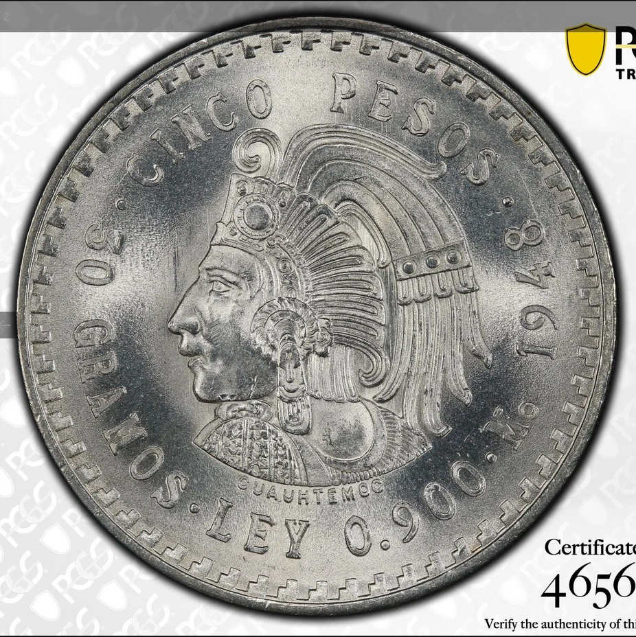 :1948-Mo 5 PESOS MÉXICO CUAUHTÉMOC EXCELENTE EXPLOSIÓN BLANCO GRADUACIÓN PROFESIONAL MS67 RAREZA R6 66/6 Foto 4 de 4