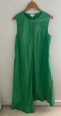 COS UK 14 Plissee Reißverschluss grün Baumwolle Maxi Flare Layer Kleid Taschen ärmellos