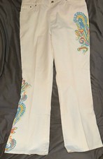 Vtg Ralph Lauren Womens 14 White Painted Floral Bootcut Pants Denim