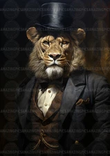 Victorian Lion Victorian Elegant Gentleman Art Print Noble Animal Portrait L74