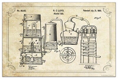 Vintage Alcohol Still Patent Art Print  Whiskey Moonshine Bar Wall Decor Artwork