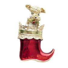 Poodle Terrier Dog Christmas Stocking Brooch Pin Vintage Holiday Jewelry Gift