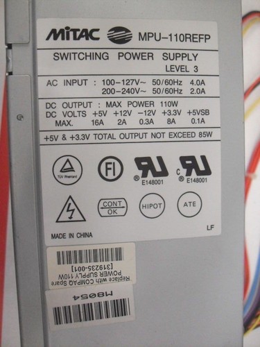 Compaq Presario 4910 5204 5050 Desktop Mitac Power Supply Very Clean 319235-001 - Picture 6 of 11
