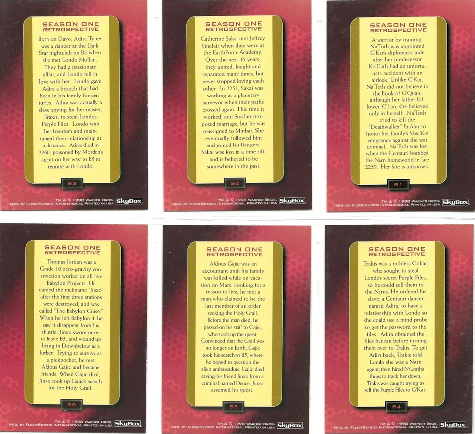 BABYLON 5 SEASON 4 RETROSPECTIVE CARDS S1 TO S12 SET OR SINGLES BY SKYBOX - Image 3 of 4