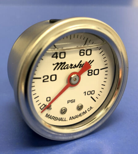 Marshall Gauge 0-100 psi Fuel Pressure Oil Pressure White 1.5" Diameter Liquid - Picture 1 of 2