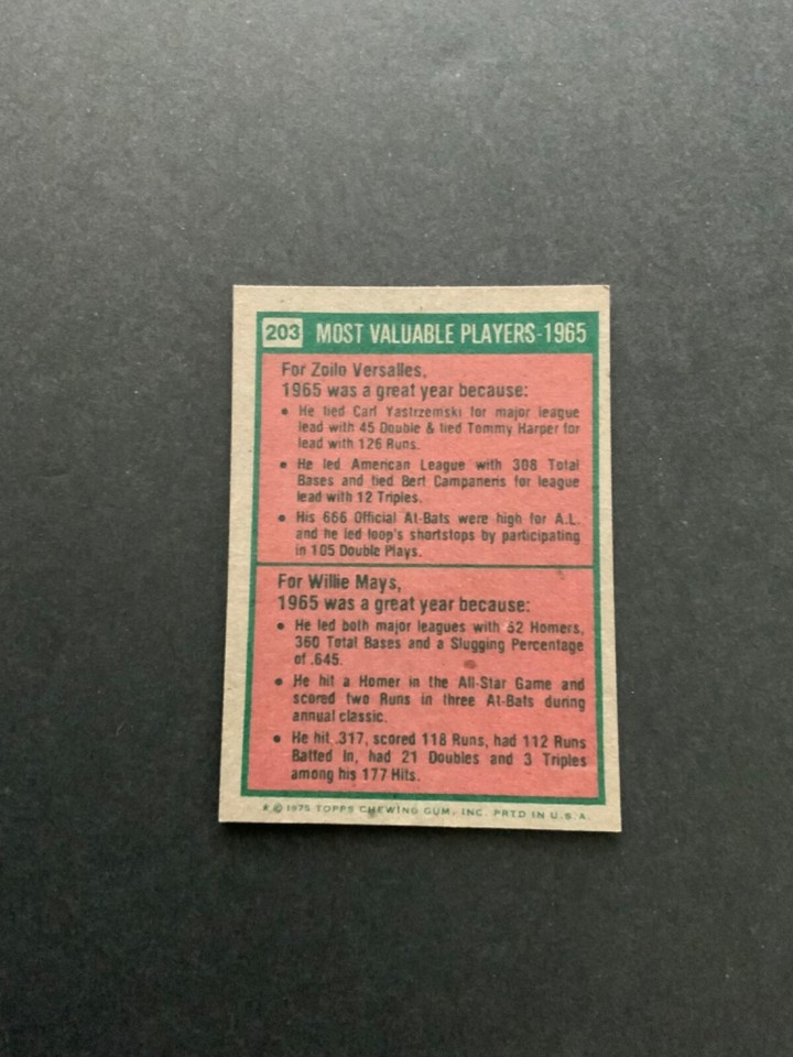 1975 Topps Mini Baseball Card 203 1965 Most Valuable Players Versalles
