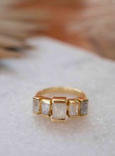 Handmade Baguette Natural Moonstone 14K Yellow Gold Plated silver Wedding Ring