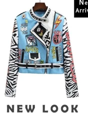 Light Blue Cool Graffiti Cropped Faux Leather Jacket Women . Bust 37 In.