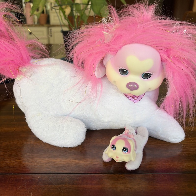 Puppy Surprise 2 Plush Puppies Popcorn Mom Dog 10" Soft Stuffed Toy Pink White