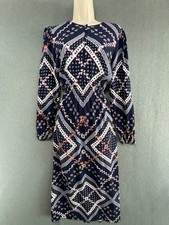 M&S Boho Scarf Print Midi Dress Navy Pink Cottagecore Prairie Folk UK 8