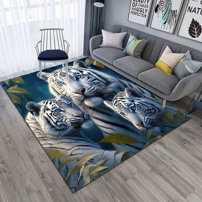 1pc Tiger Family Pattern Area Rug - Soft Polyester Carpet w/Realistic White Tig